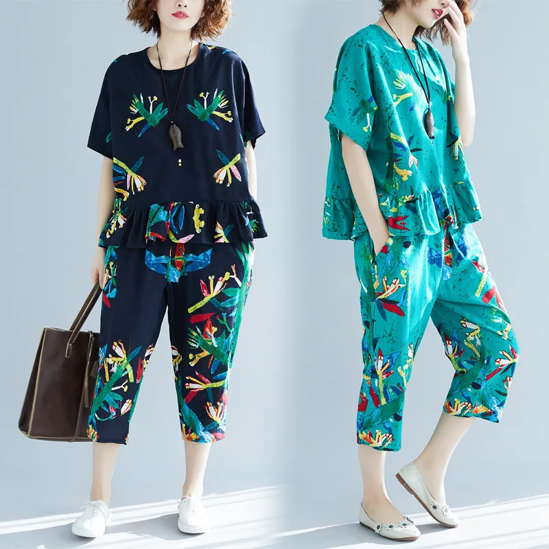 

2019 Summer New Style Literature And Art Large Size Cotton Linen Printed Set Tops + Pants