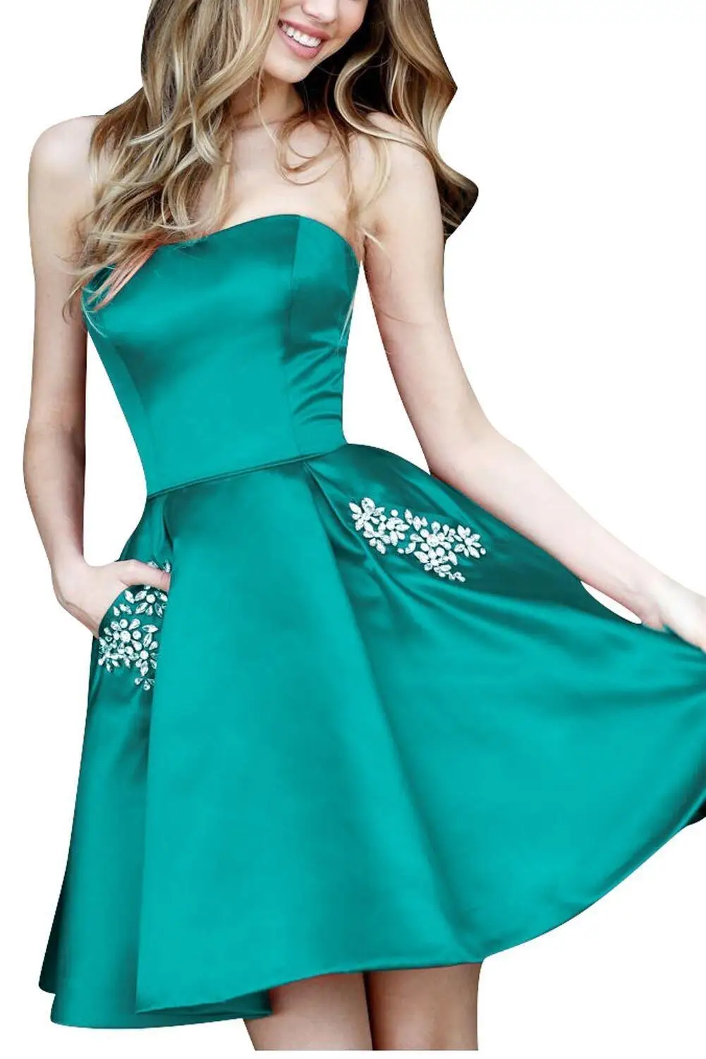Robe De Soiree сексуальные короткие коктейльные платья с кристальными карманами, атласные вечерние платья, Короткие мини платья для выпускного вечера - Цвет: Green