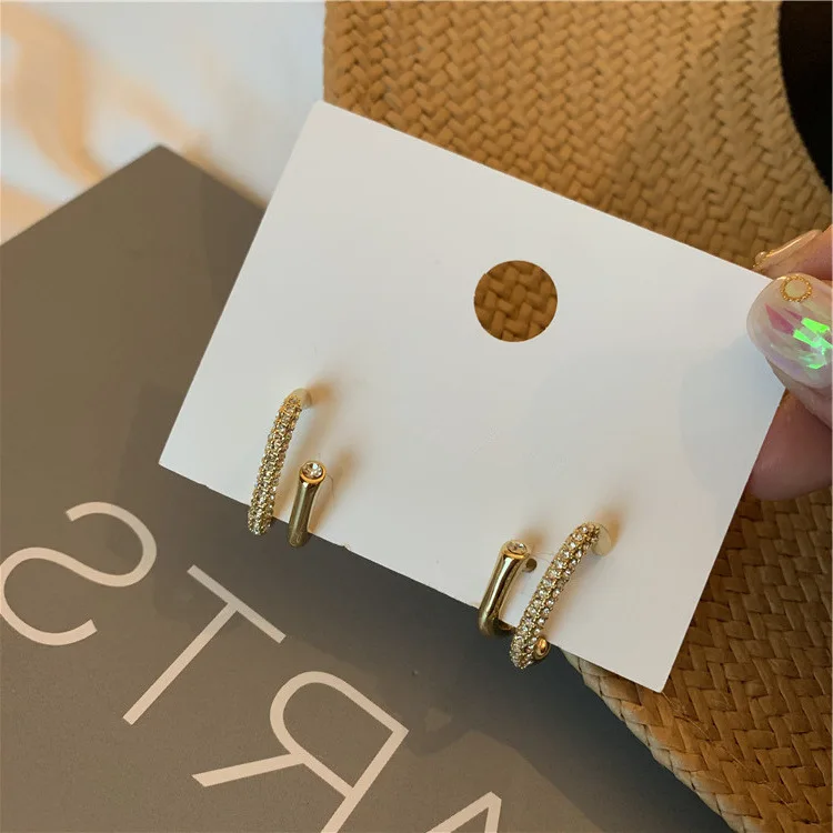 Korean Style Vintage Gold Double Layers Hook Geometric C Crystal Stud Earrings for Women