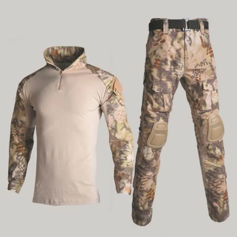Военная Униформа камуфляж охотничья одежда тактический Набор лягушек Пейнтбол страйкбол Ghillie костюм снайперская рубашка+ брюки наколенники - Цвет: Tan Python
