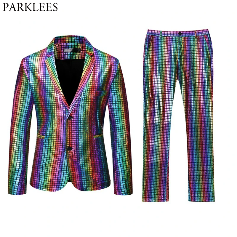 Mens Stage Prom Suits Gold Silver Rainbow Plaid Sequin Jacket Pants Men ...