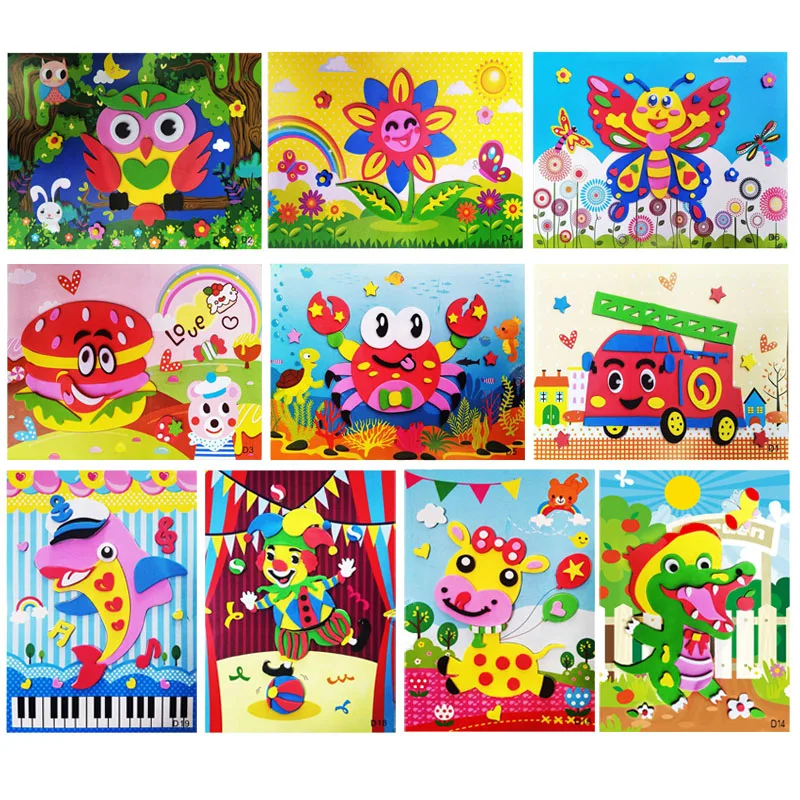 10 diseños/lote 3D DIY EVA etiqueta engomada de la espuma de rompecabezas de animales de dibujos animados de la serie niños Multi-patrones estilos juguetes para el aprendizaje de la educación T