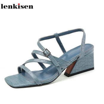 

Lenkisen new peep toe european style real leather stone pattern gingham high heels belt buckle buckle straps mature sandals L33