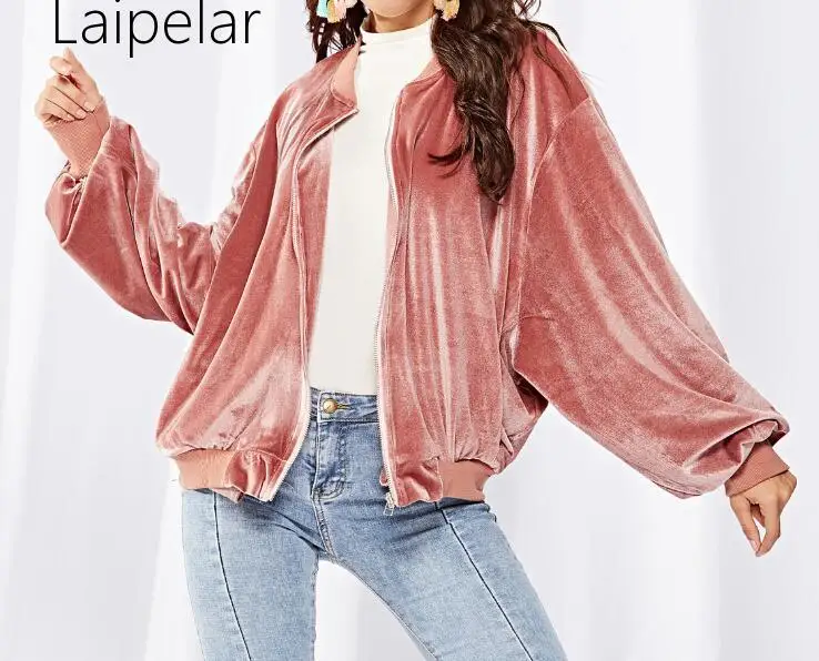 low cost  Laipelar High Street Pink Velvet Bomber Jacket Women Fashion Loose Velour Baseball Jacket Pocket Sh