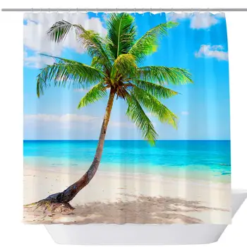 

Summer Blue Sea Decor Shower Curtains Beach Palm Trees, Waterproof Fabric Bathroom Curtain Decor Bath Accessories Hooks