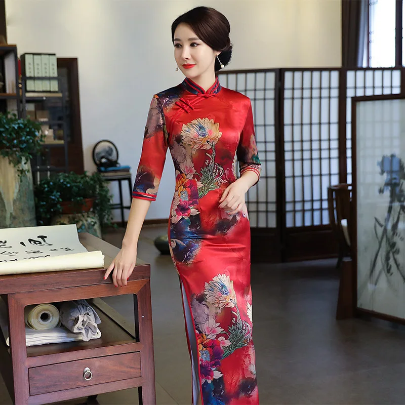 Винтажное китайское традиционное женское вискозное цветочное Qipao Мандарин воротник Cheongsam Новинка китайское торжественное платье размера плюс 4XL
