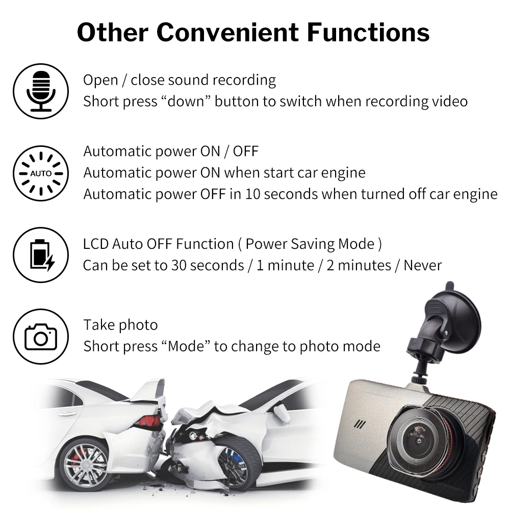 Dash Cam Car DVR Video Camera Recorder functions