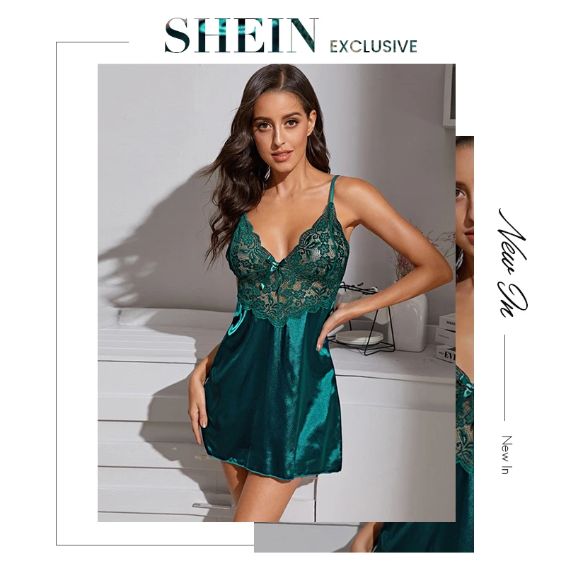 SHEIN, зеленое контрастное кружевное атласное сексуальное платье с тонкими ремешками, Женское ночное весеннее платье с глубоким v-образным вырезом, без рукавов, женские сексуальные платья для сна