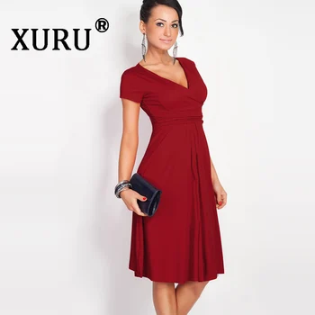 

XURU Summer New Women's Dress Deep V-neck Slim Pleated Short Sleeve Large Dress Bohemian Beach Dress