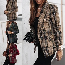Women 2021 Fashion Texture Double Breasted Check Blazer Coat Vintage Long Sleeve Pockets Female Outerwear