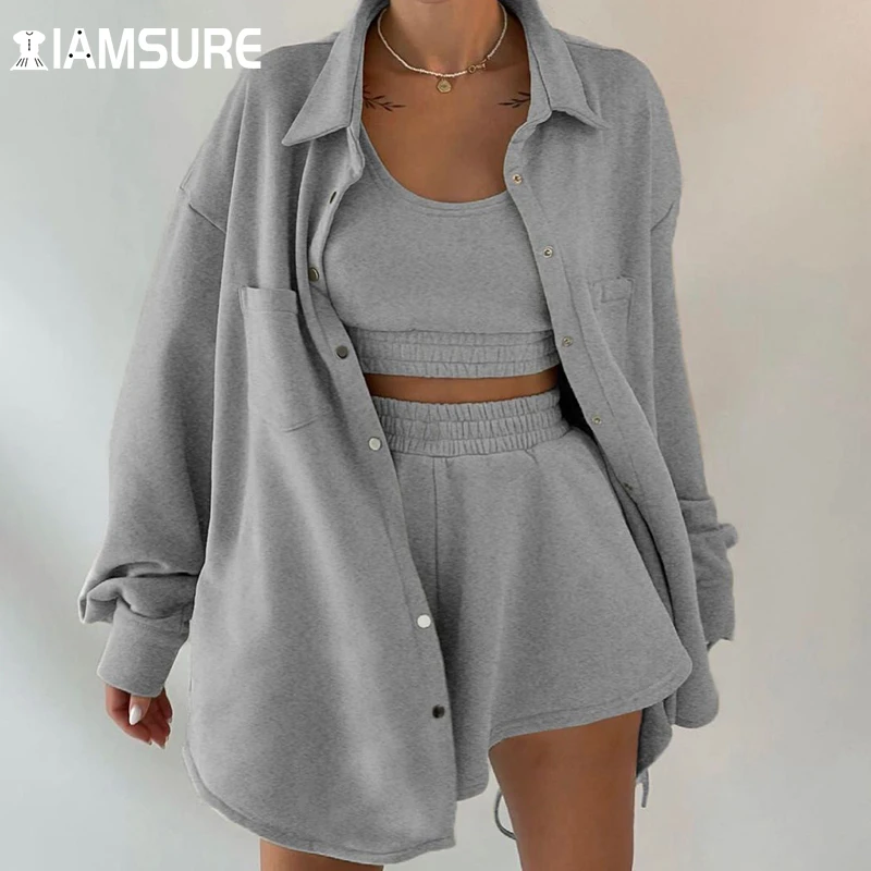 IAMSURE Casual Sporty Activewear Sweat Set Women Outfits Tracksuits 3 Pieces Sets Long Cardigan Croped Tanks High Waist Pants womens loungewear