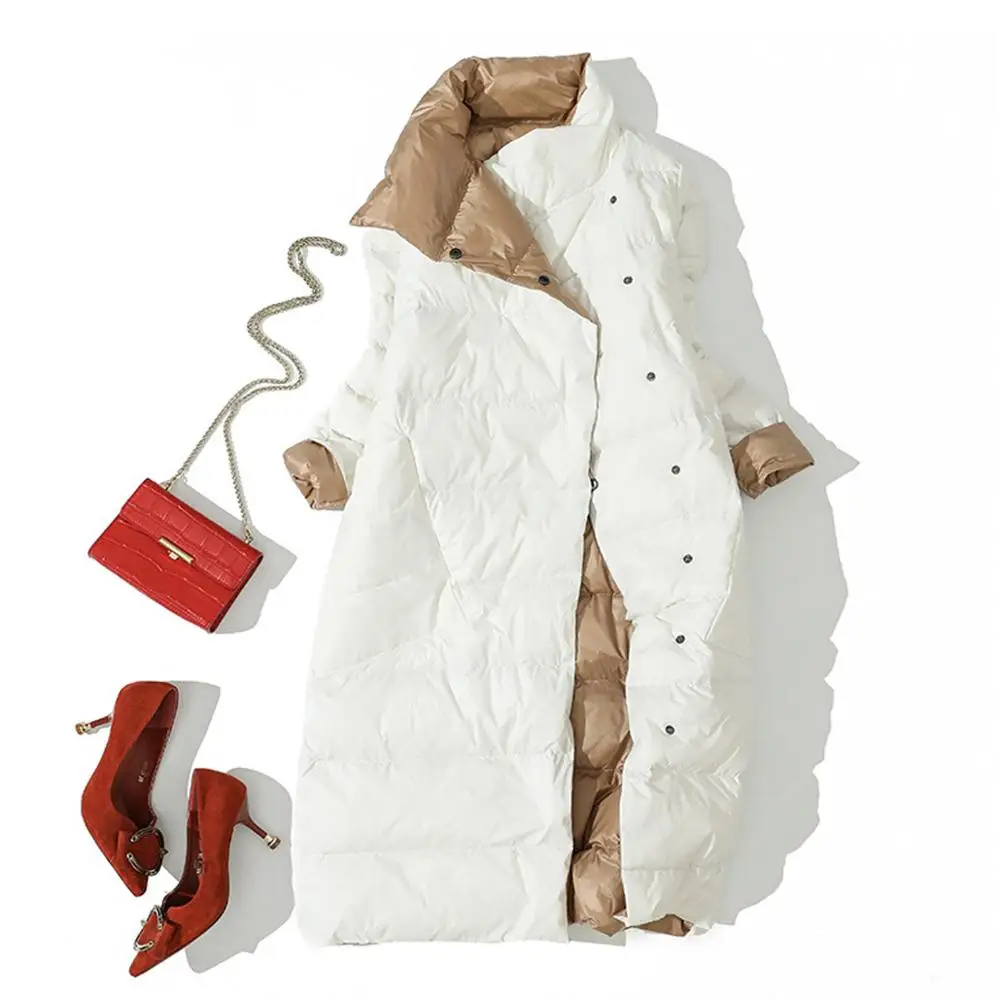 

European and American style long two-side wearing light down jacket winter new solid color slim collar white duck down jacket
