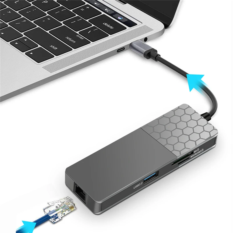 S SKYEE 7-в-1 USB-C док-станция Hub адаптер с 2* USB 3,0 Тип-C PD/4 K HD Дисплей/Gigabit Ethernet порт/устройство для считывания с tf-карт