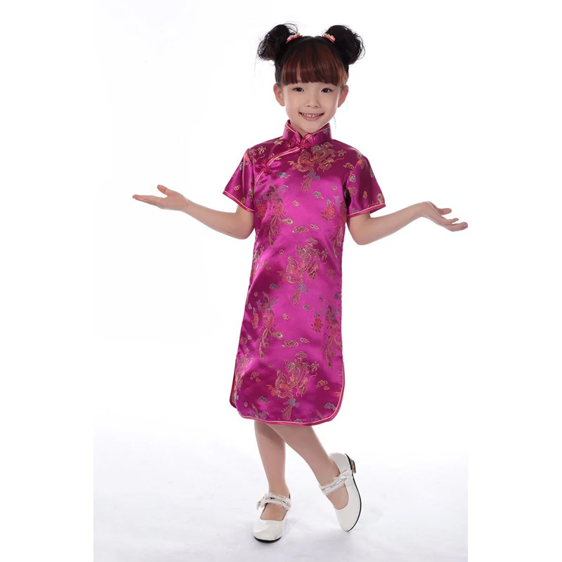 Rose red dress Детские винтажные восточные китайские традиционные костюмы для девочек с вышивкой дракона, атласные шелковые платья для девочек - Цвет: Rose red dress