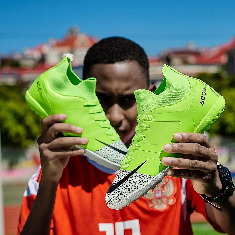 NIKEZI высокие носки до лодыжки школьная Студенческая Детская футбольная обувь для мальчиков и девочек с твердой подошвой короткий ноготь TF на плоской подошве футбольные кроссовки