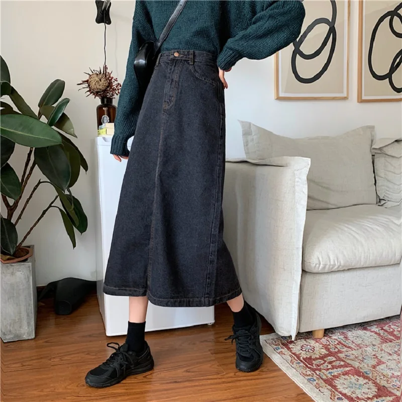 Korean Style Autumn Winter Women Denim Skirt High Waist Vintage Black Split Jupe Longue Elegant Casual A-Line Denim Lady Skirts