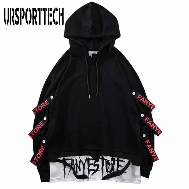 Hoodies Sweatshirts Hip-Hop-Streetwear Black Pullover Drawstring Long-Sleeve Two-Pieces