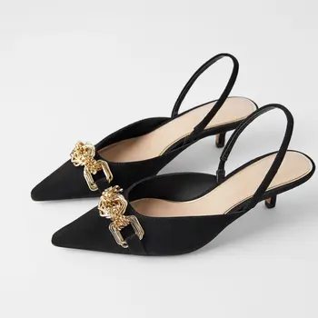 

Women High Heels Shoes 2020 New Spring Summer Pointed Toe Metal Decoration Mid-low Heel Sandals Women Sexy Size 34-41