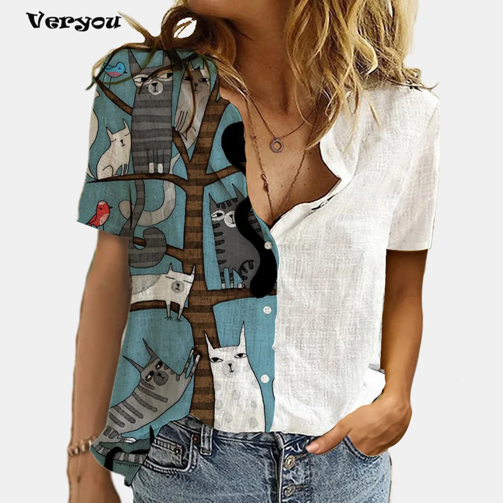 Camiseta Vintage de verano para mujer, camisa con botones de retales, Camiseta holgada informal estampada de manga corta, camiseta de gato, Tops de talla grande para mujer