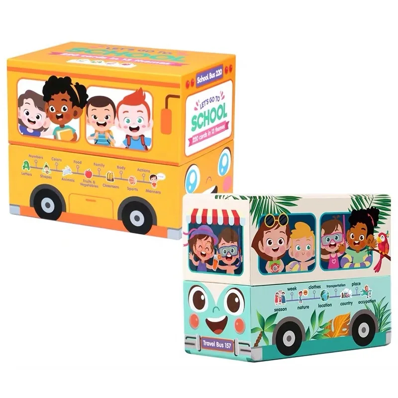 

220 Pcs/Set School Bus English Word Flash Card Children Baby Enlightenment Learning Cards Educational Toys
