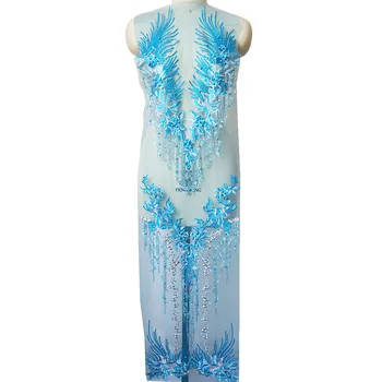 

Large Sky Blue Embroidery Rhinestones Beads Lace Applique Flower Fabric Patch Collar Wedding Gown Bridal Dress Clothes DIY Craft
