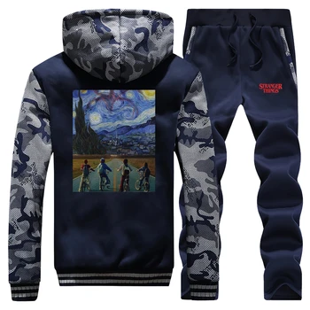 

STRANGER THINGS Winter Men Sweat Suits Fleece Warm Men Tracksuit Set Casual Sportwear Suits Jacket + Pants Thick Sets