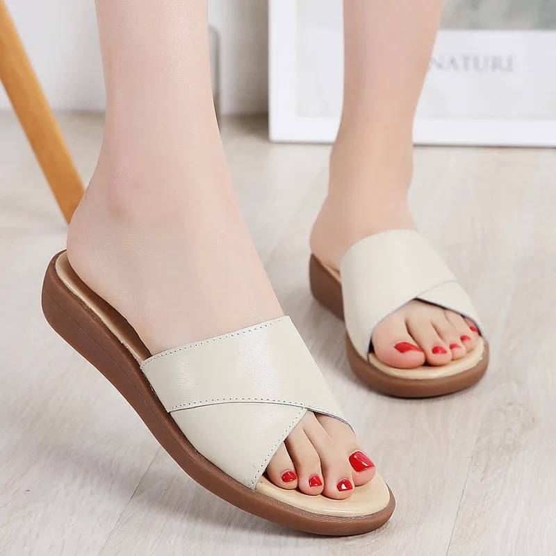 Summer Slippers Women Genuine Leather Cow Leather Shoes Woman Flats Slides High Quality Fashion Slippers Ladies Plus Size Shoes