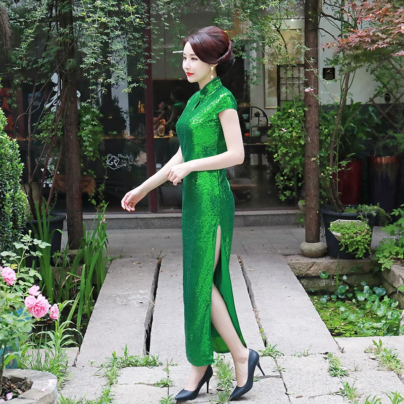 Китайский традиционный Чонсам лотоса блестки Cheongsam с коротким рукавом Cheongsam стройные Qipao показать Cheongsam Vestido плюс Размеры 5XL