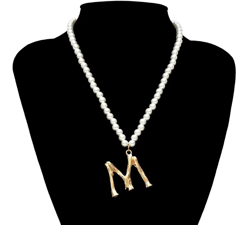 Letter Pendant Necklace Beaded-Jewelry Pearl Gold-Color Initials Choker Simulated English