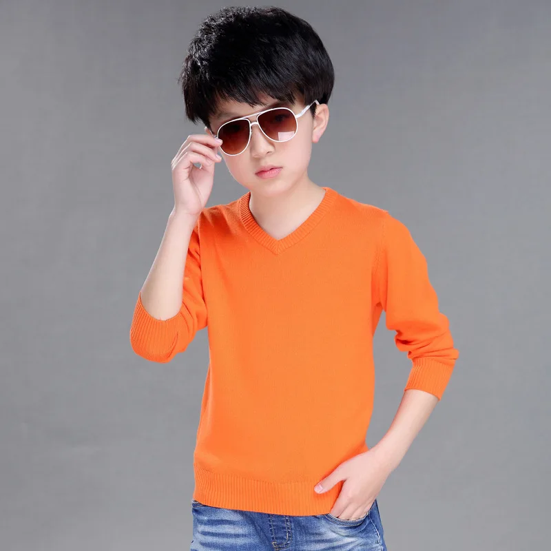 Orange V-neck От 4 до 16 лет вязаные свитера для больших мальчиков Одноцветный о-образный вырез трикотаж одежда Детский модный свитер верхняя одежда для маленьких девочек - Цвет: Orange V-neck
