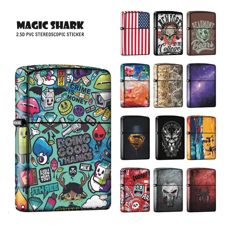 

Magic Shark Snake Skull Star Sky Painting Flower Graffiti Spider Man Superman Film Case Cover Sticker for Zippo Lighter