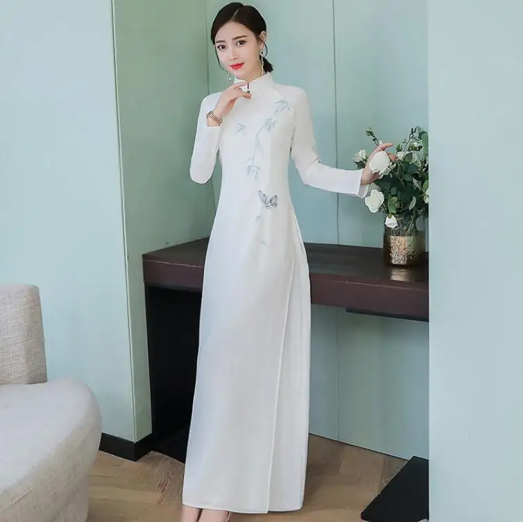 Cheongsam платье традиционное вьетнамское аозай длинный рукав печати qipao - Цвет: Слоновая кость