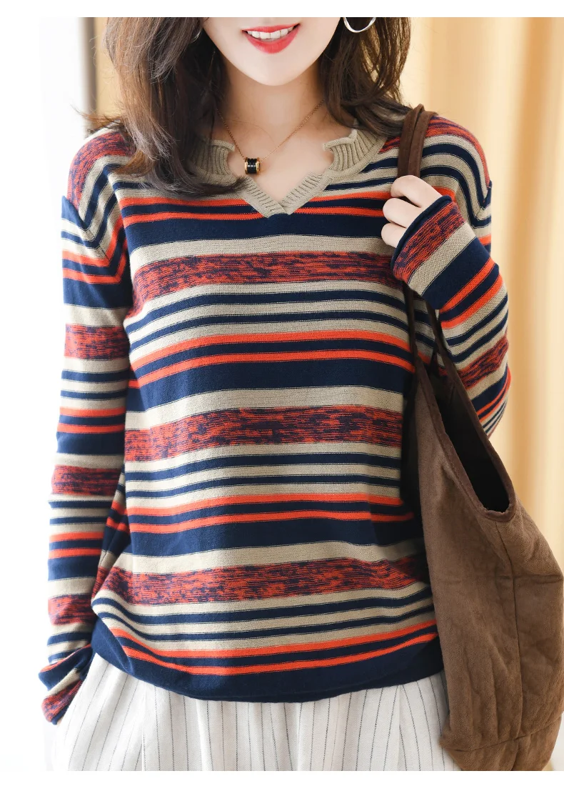 ATTYYWS женский свитер с длинными рукавами и v-образным вырезом осенний пуловер с цветными блоками в полоску Свободный шерстяной свитер Короткий кружевной свитер