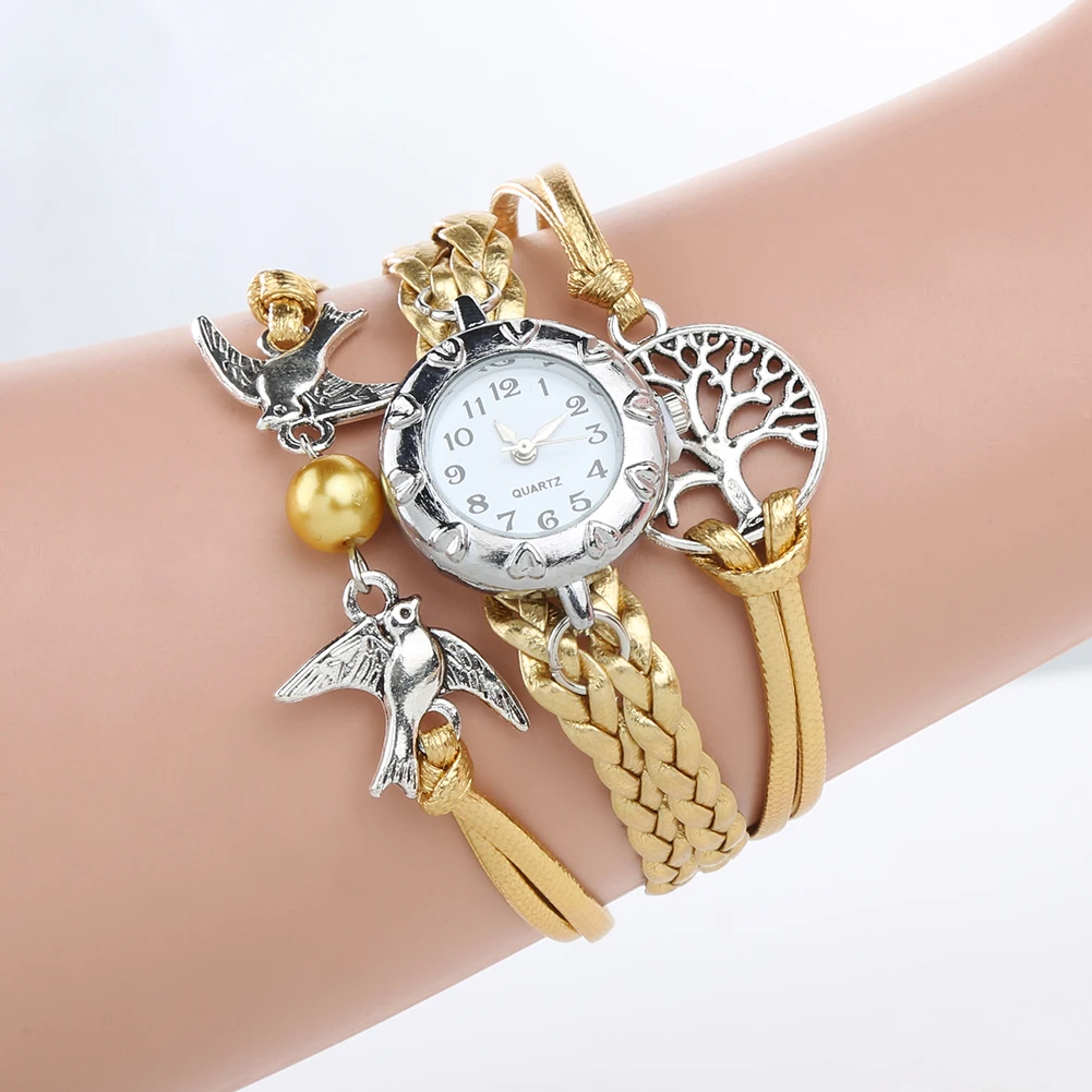 Новые модные часы женские кварцевые пустое Дерево жизни птицы бусы Шарм