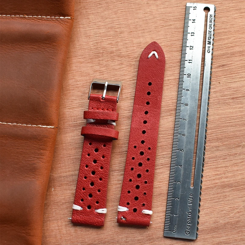 Модные часы ремешок из натуральной кожи пористый красный черный ремень для часов ручной работы сшивание ремешок для часов Hombre 18 мм 20 мм 22 мм 24 мм