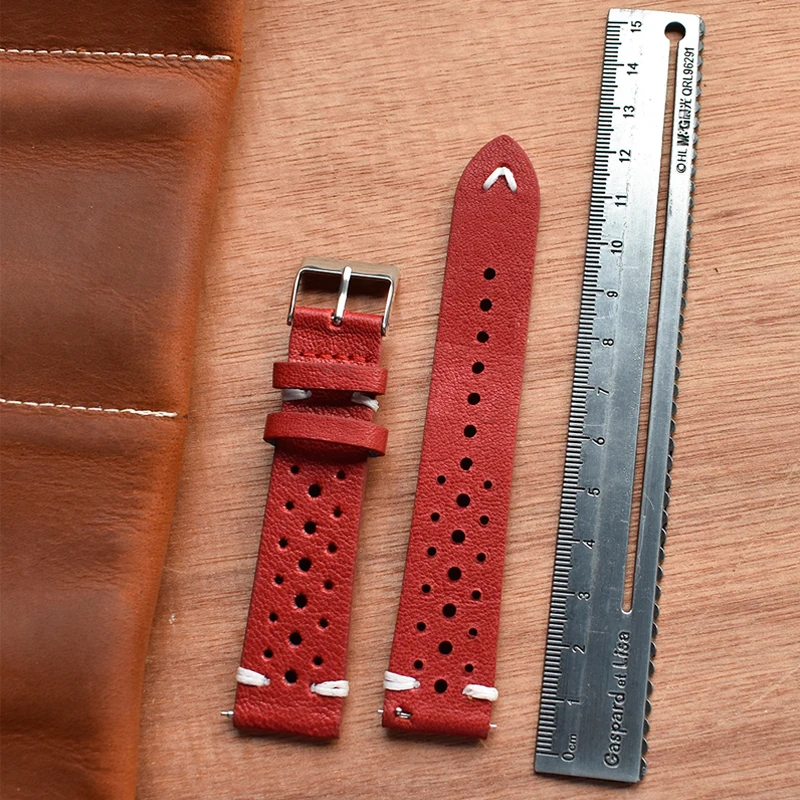 Handcrafted Genuine Leather Brown Porous Breathable Watchstrap with Detailed Stitching