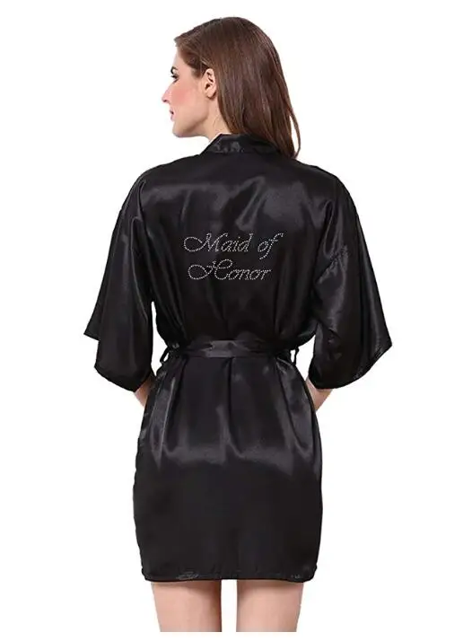 Черное свадебное платье женское атласное кимоно со стразами, короткие свадебные вечерние платья подружки невесты