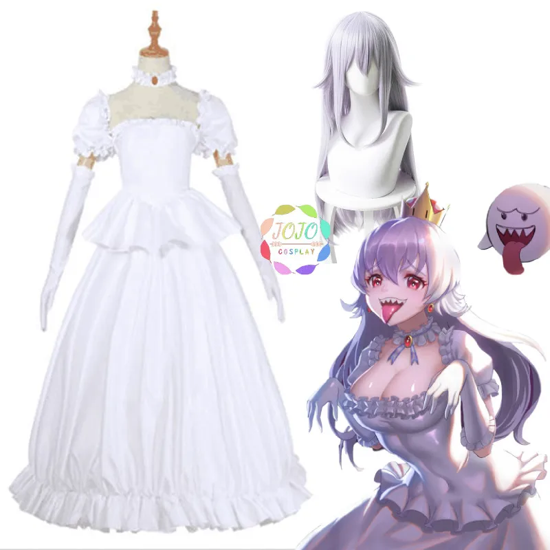 Boosette Bowsette Косплей Костюм Принцесса Koopa белое платье+ перчатки Лолита женский полный комплект Хэллоуин длинный Серебряный прямой парик