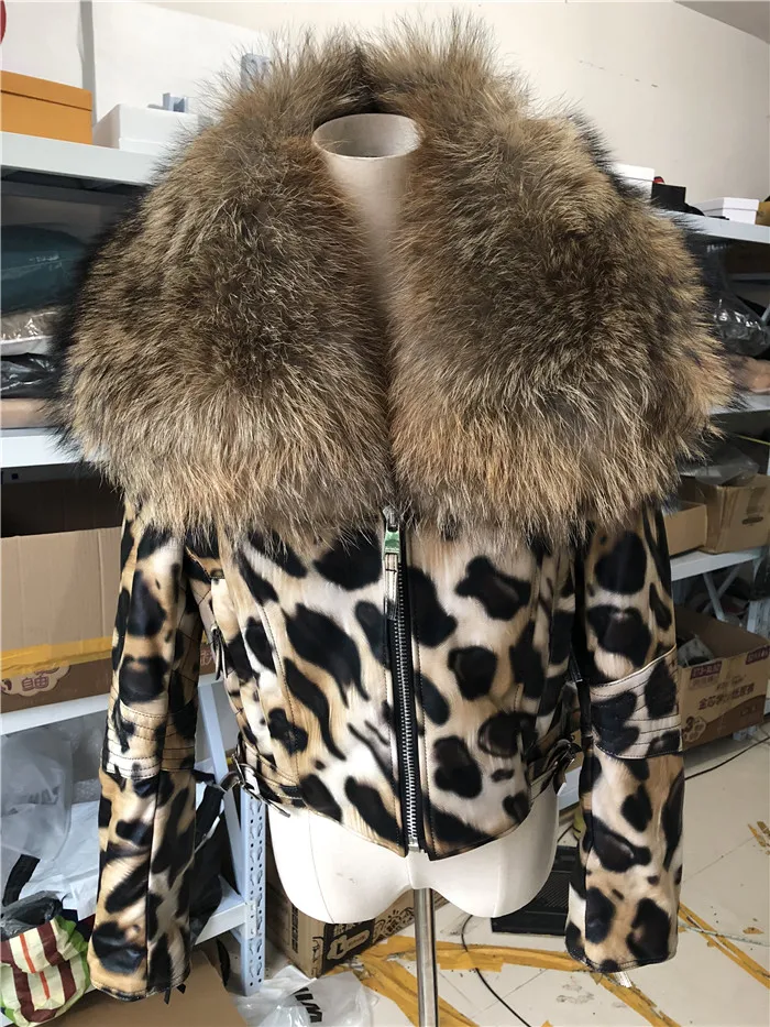 sexy leopard Натуральная кожаная куртка женская сексуальная леопардовая овчина куртка большой енот меховой воротник натуральный мех пальто для женщин - Цвет: sexy leopard
