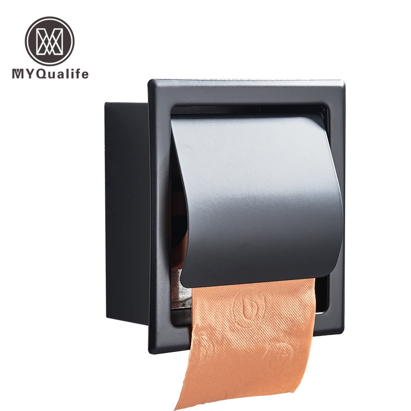 

Free Shipping Stainless Steel Matt Black Toilet Paper Holder Polished Wall Mounted Concealed Bathroom Roll Paper Box Waterproof
