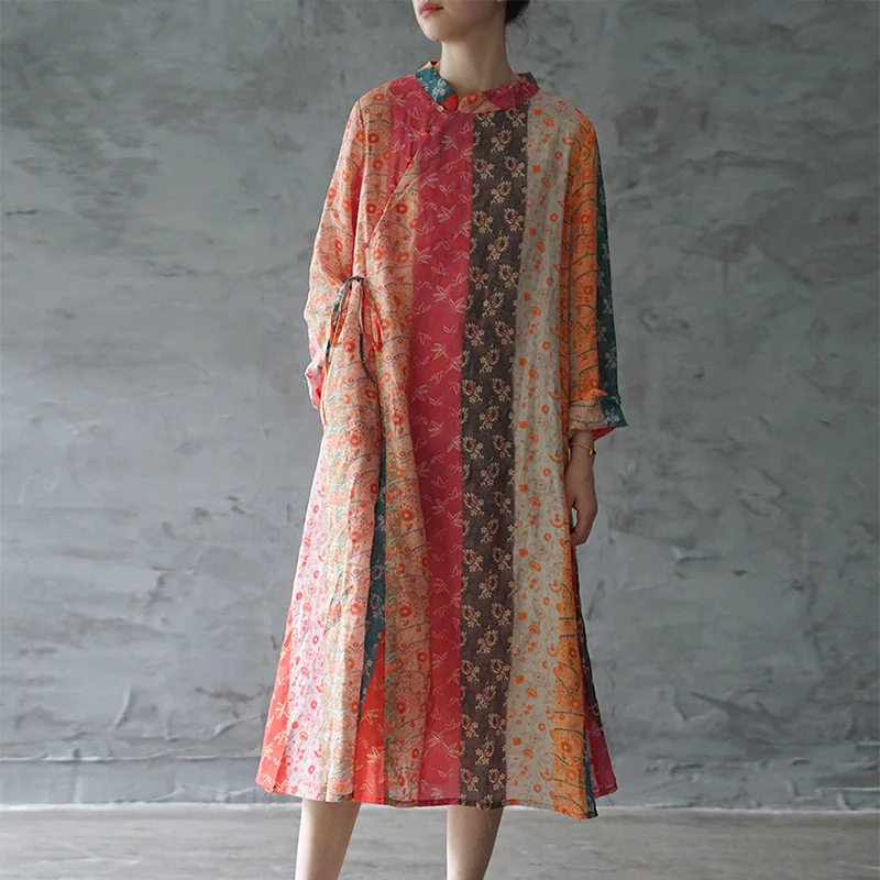 Floral Print SCUWLINEN, женское весеннее летнее платье, винтажное цветное Цветочное платье с длинным рукавом, светильник, свободное ТРАПЕЦИЕВИДНОЕ длинное платье из рами P120 - Цвет: Floral Print