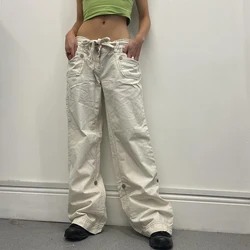 WeiYao – pantalon Baggy Cargo pour femmes, jambes larges, boutons blancs, poches, Patchwork, taille basse, survêtement Vintage décontracté, petit ami 