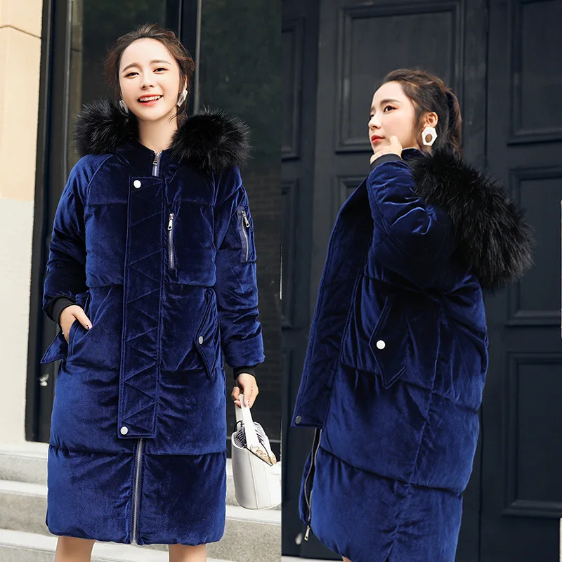 

2017 Winter New Style Korean-style Mid-length Large Fur Collar Mercerized Velvet down Jacket Cotton-padded Clothes WOMEN'S Coat