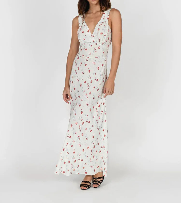 

Women Silk Floral Printed V Neck V Back Long Dress With Mermaid Hem Details