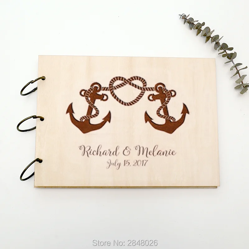 Rustic personalized wedding guest book,Custom Nautical Anchor wooden Wedding guestbook, personalized elegant photo album