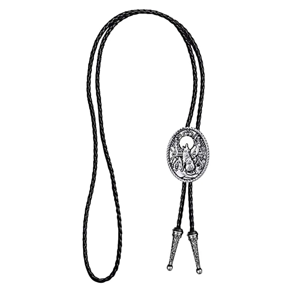 Vintage Wolf Howling Design Cowboy Rodeo Bolo Tie Bow Tie Pu Leather Necktie for Shirt Business Suit Leisure Clothes