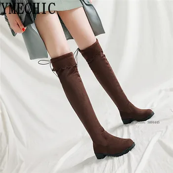 

Stretch Flock Ruffles Lace Up Low Chunky Heel Kniht Boots Womens Shoes Black Red Brown Plus Size Knee Hih Boots Botas