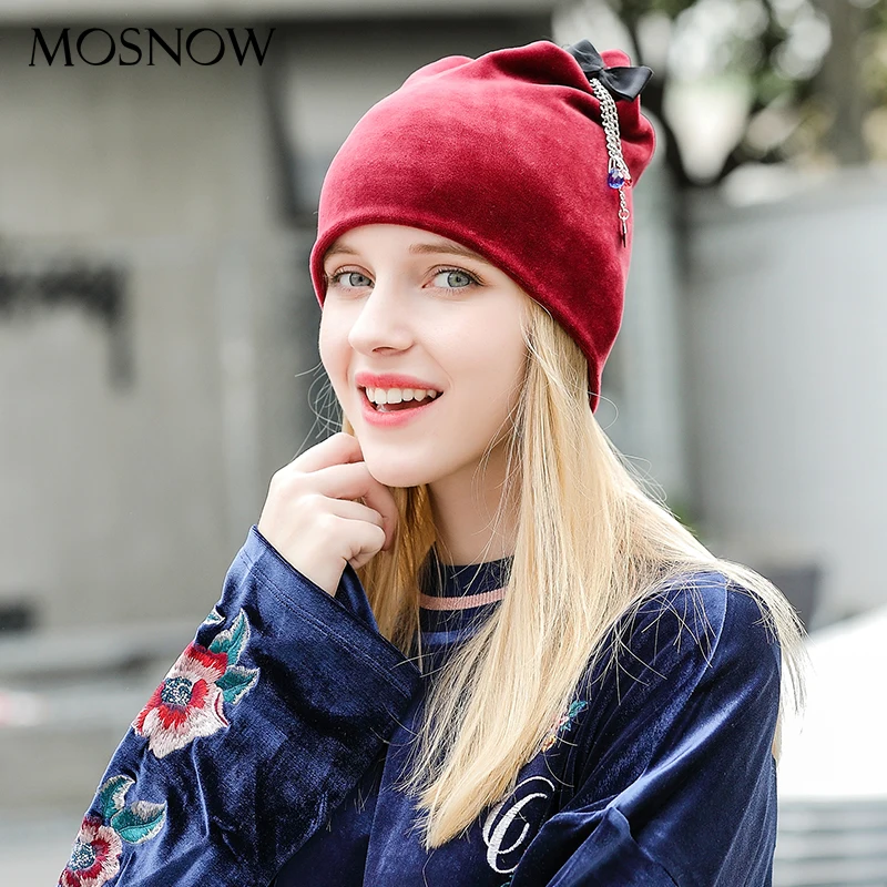 Шапка бини для осени и зимы, модные одноцветные милые шапки с бантиком и подвеской для девочек, дизайн, повседневная женская бархатная шапка