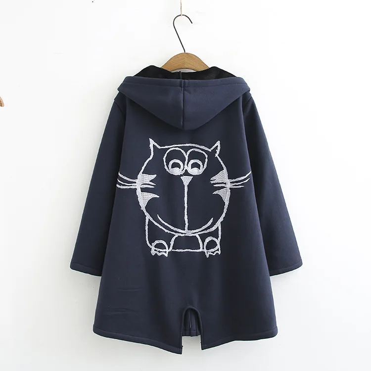 Blvyisla 3XL размера плюс один Breated плюс флис толстый теплый длинный Кот Вышивка с капюшоном Топ для женщин Harajuku толстовки