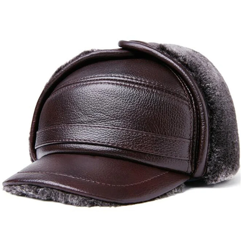 GREENYU Brand Genuine Leather Bomber Hat Men's Thick Warm Outdoor Earmuffs First Layer Cowhide Leather Hat Fur Hats For Man - Цвет: HC012-6E
